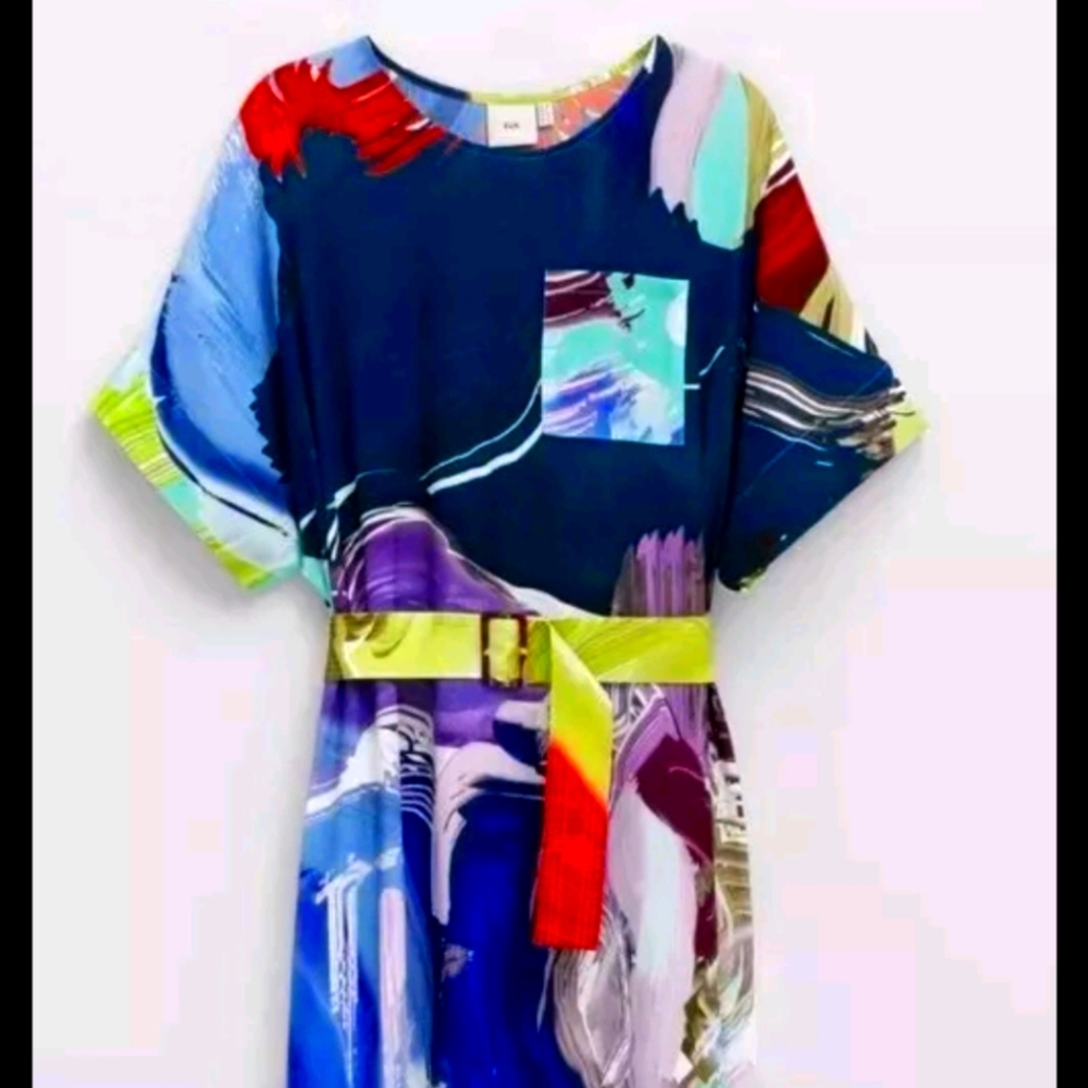 Elk Lampa dress, belted s4, paintbrush rainbow coloured print